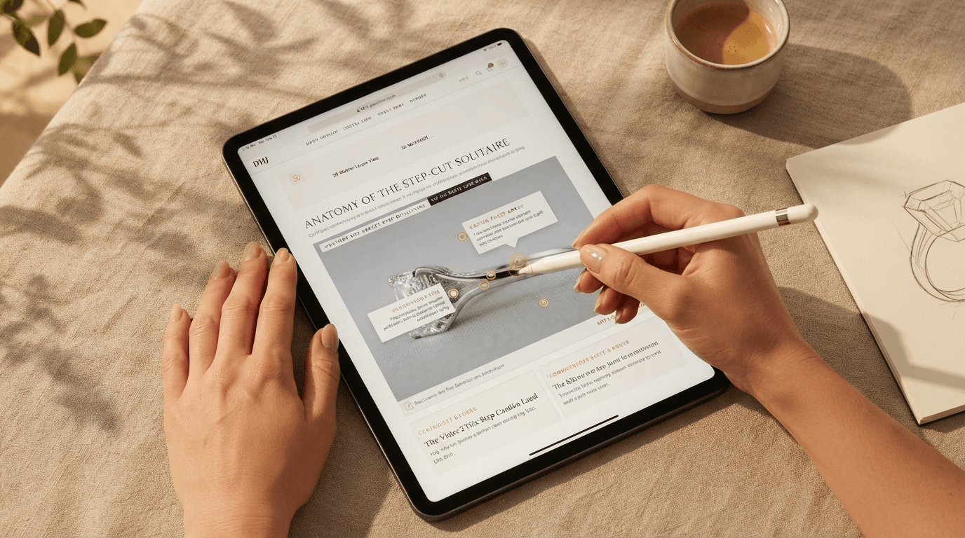 iPad Pro — Interactive Anatomy of the Step-Cut Solitaire inspection tool