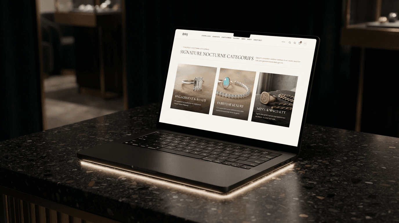 Dark MacBook — Signature Nocturne category grid in showroom lighting