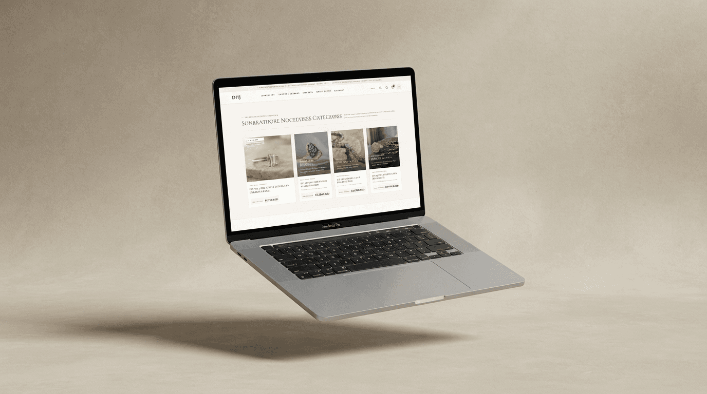 Floating MacBook Pro — Signature Nocturne category grid, warm editorial