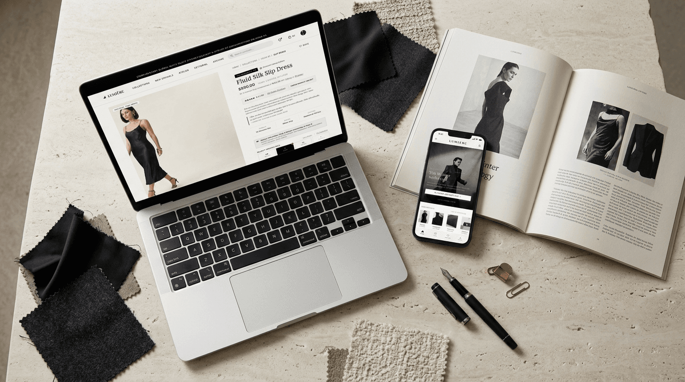 Atelier Workspace — Fluid Silk Slip Dress PDP with fabric swatch selectors
