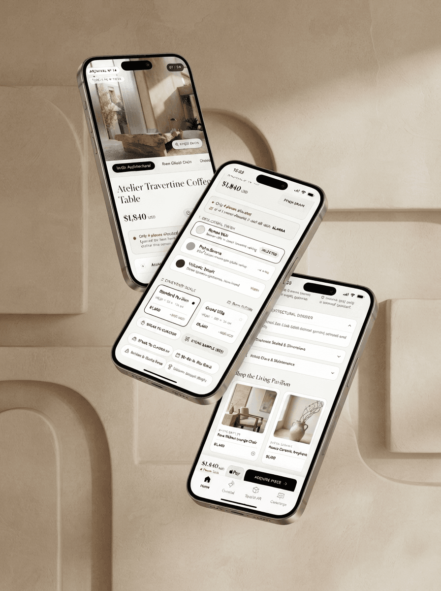 Mobile UI Suite — Spatial AR, material dossiers, and quick checkout funnels